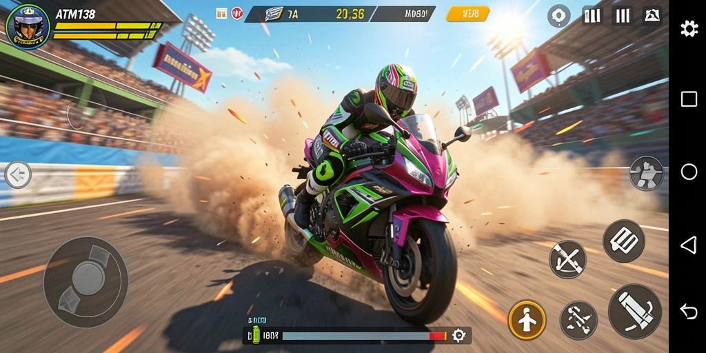 Screenshot utama ATM138 menampilkan aksi balapan motor yang seru dan penuh kecepatan.