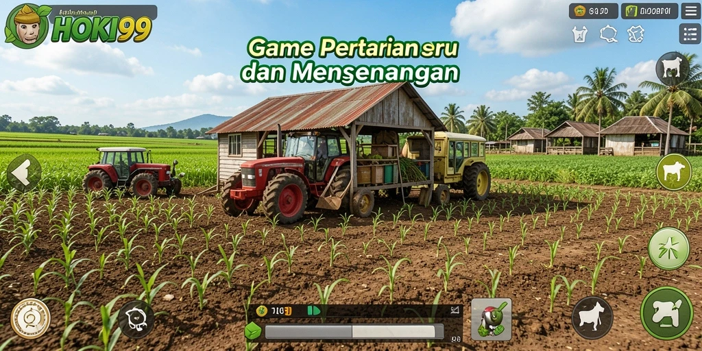 Screenshot HOKI99 menampilkan ladang dengan tanaman hijau dan hewan ternak.