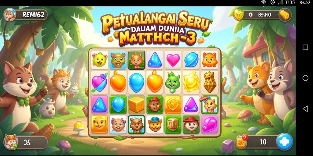 Tampilan gameplay seru Match-3 dalam REMI62 dengan kombinasi permata yang menantang.
